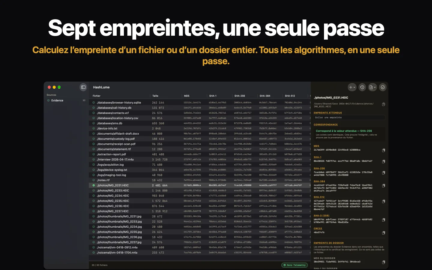 HashLume affichant sept empreintes pour un dossier de fichiers, le fichier sélectionné correspondant à sa valeur attendue