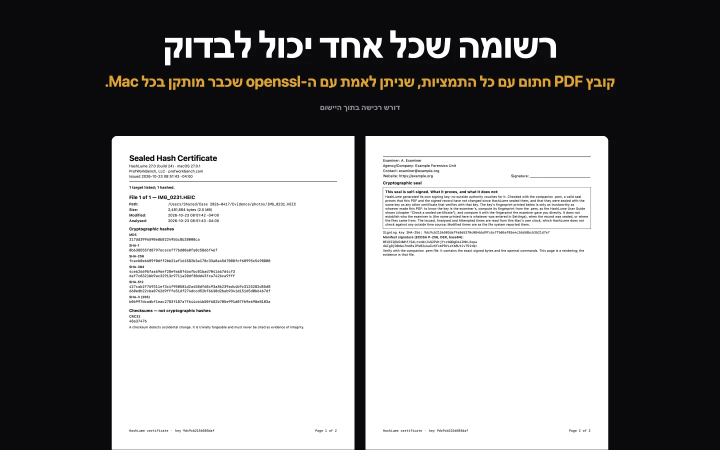 שני העמודים של תעודה חתומה של HashLume: תמציות של קובץ אחד, ואחריהן פרטי הבוחן והתיבה שמסבירה מה החותם אינו מוכיח