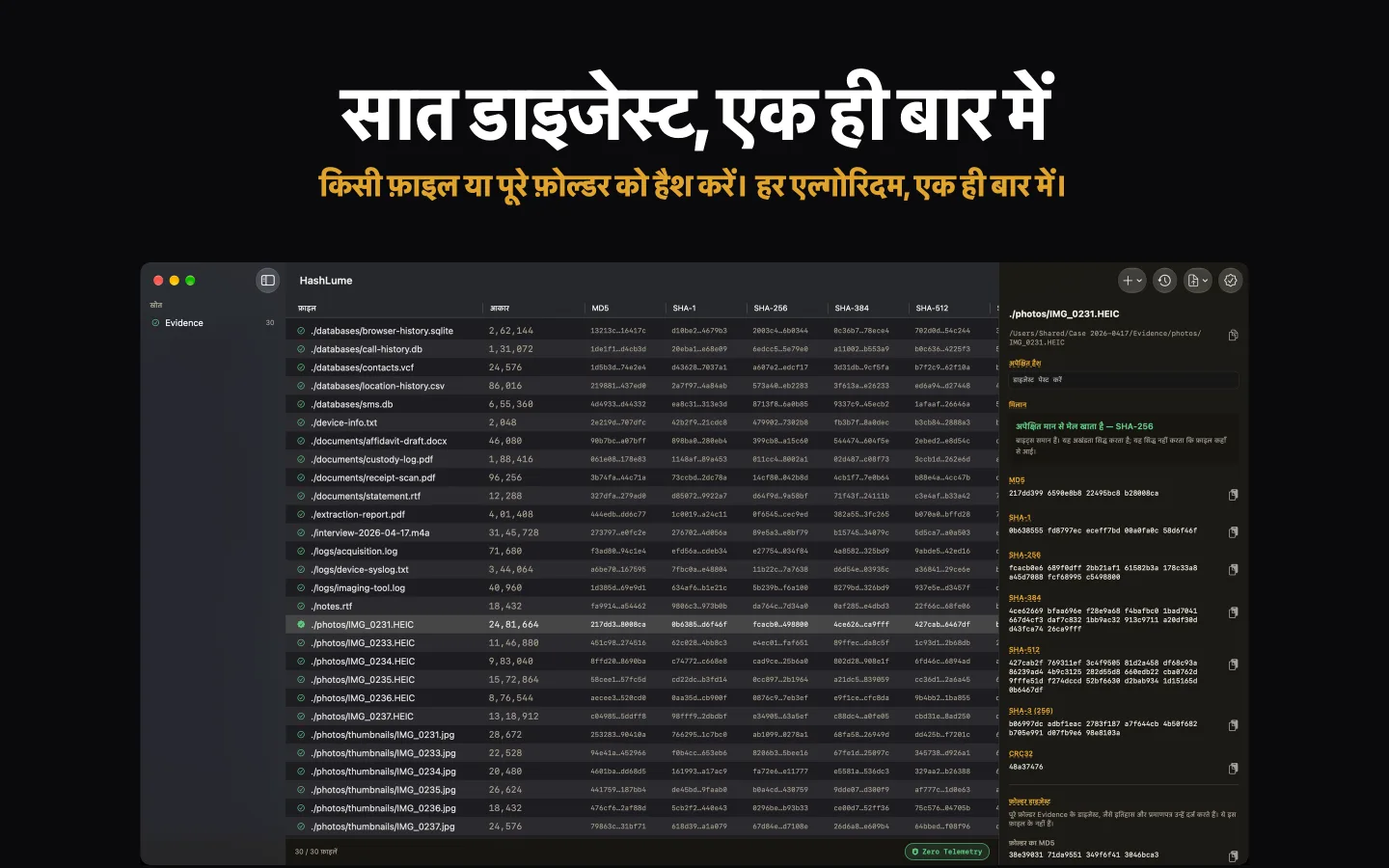HashLume फ़ाइलों के एक फ़ोल्डर के लिए सात डाइजेस्ट दिखाते हुए, जिसमें चुनी गई फ़ाइल अपने अपेक्षित मान से मेल खाती है