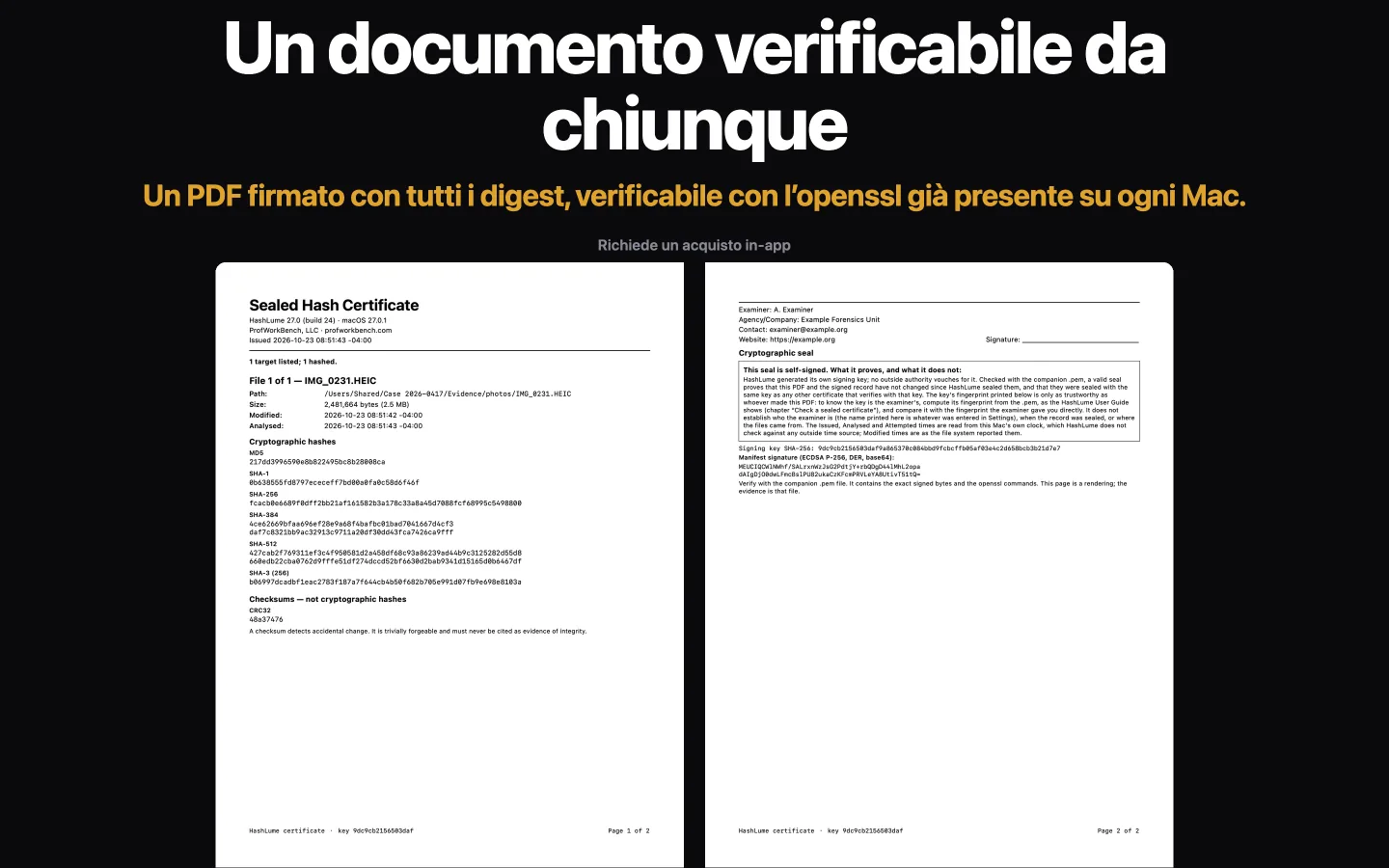Le due pagine di un Certificato sigillato di HashLume: i digest di un file, poi i dati dell’analista e il riquadro che spiega che cosa il sigillo non dimostra
