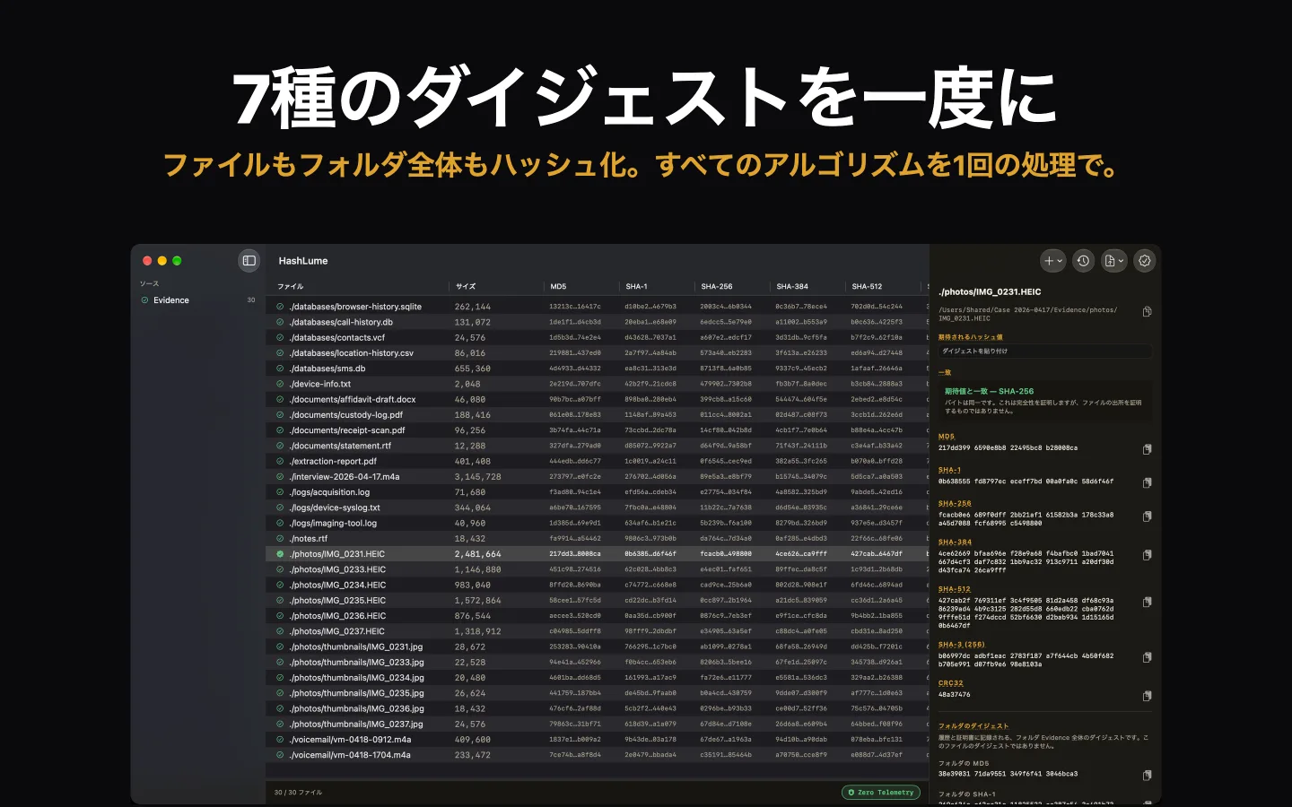 ファイルの入ったフォルダについて7種類のダイジェストを表示し、選択したファイルが期待される値と一致している HashLume の画面
