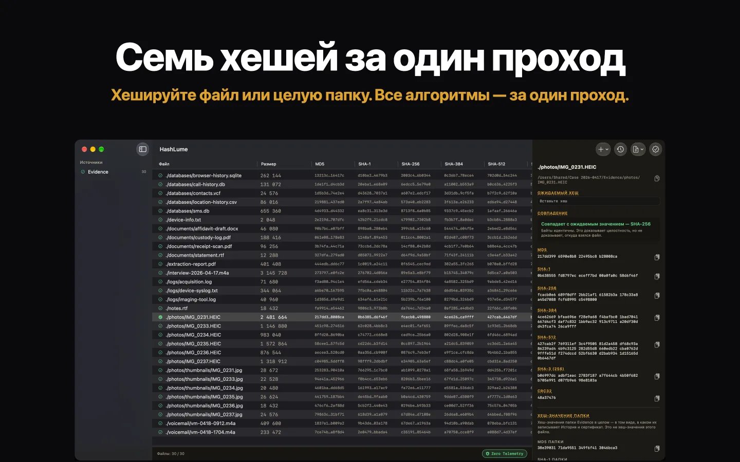 HashLume показывает семь хеш-значений для папки с файлами; у выбранного файла хеш-значение совпадает с ожидаемым