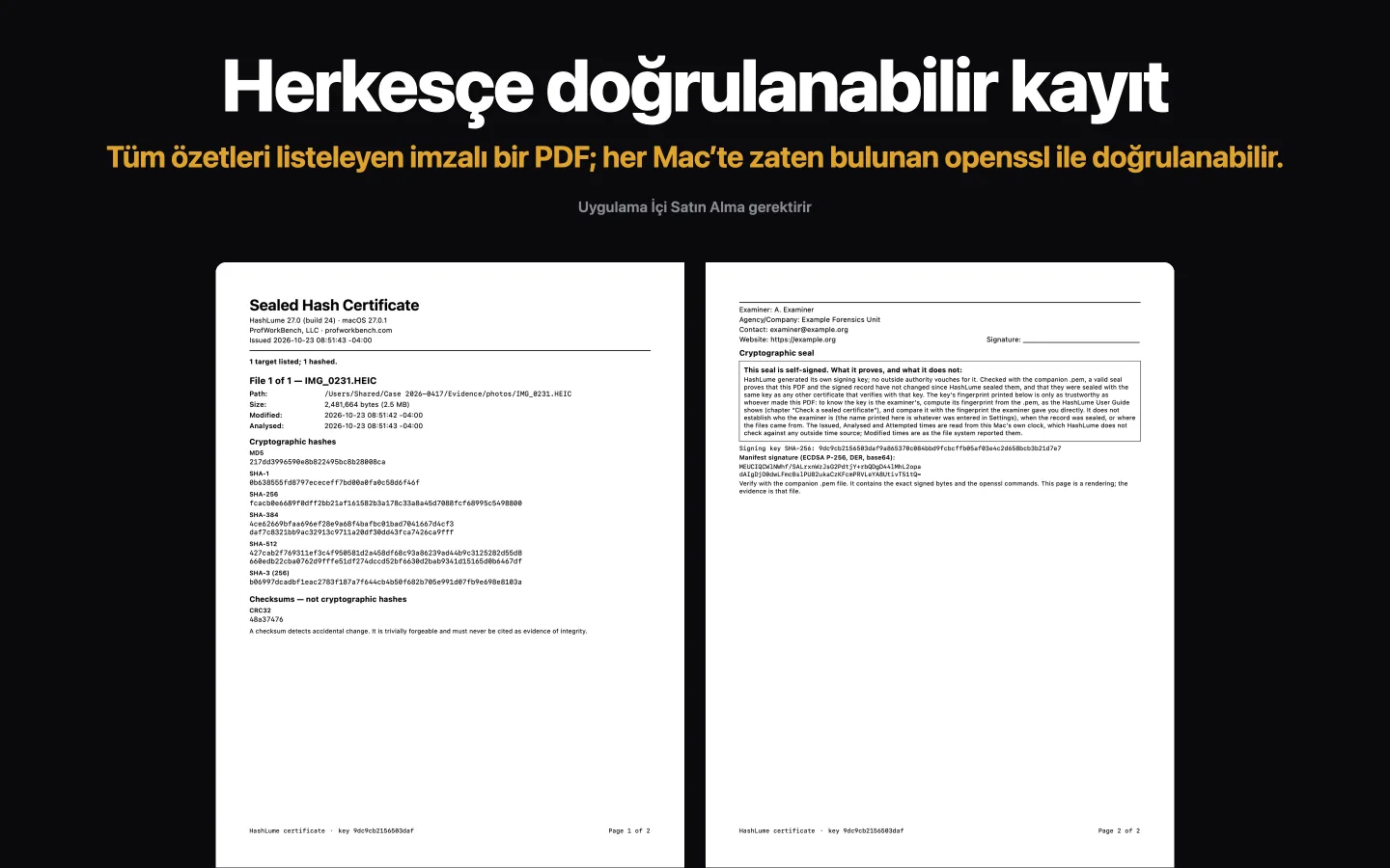 Bir HashLume Mühürlü Sertifika belgesinin iki sayfası: tek bir dosyanın özetleri, ardından inceleme uzmanı bilgileri ve mührün neyi kanıtlamadığını açıklayan kutu