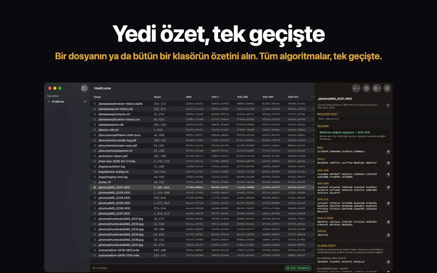 Bir dosya klasörü için yedi özet gösteren HashLume; seçili dosya beklenen değeriyle eşleşiyor