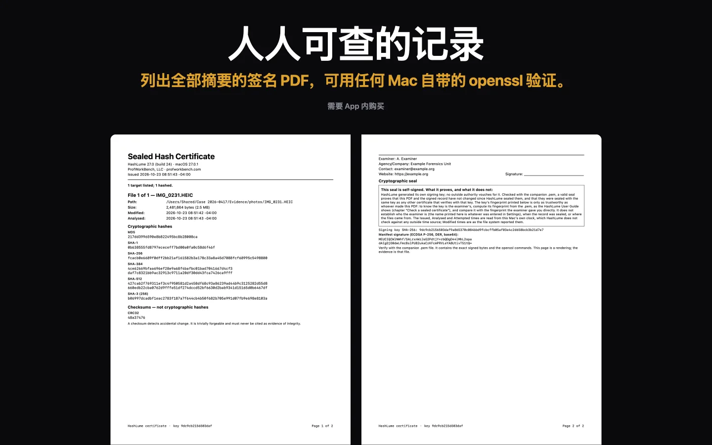 HashLume 签封证书的两页：一个文件的摘要，然后是检验人员信息，以及说明签封不能证明什么的方框