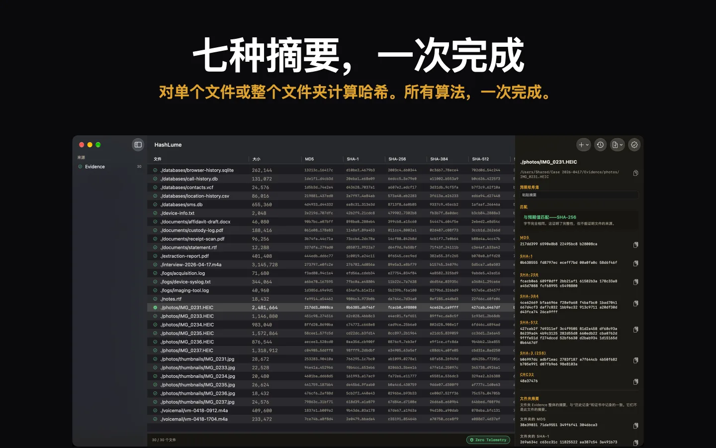 HashLume 显示一个文件夹中各文件的七种摘要，所选文件与其预期值匹配