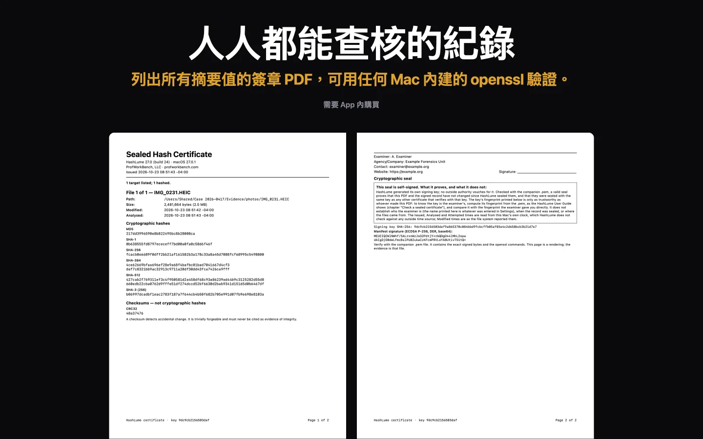 HashLume 封緘證明書的兩頁：先是一個檔案的摘要值，接著是鑑識人員資料，以及說明封緘無法證明哪些事項的方框