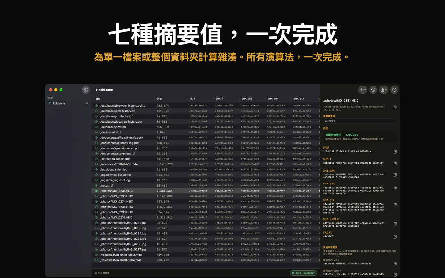 HashLume 顯示一個資料夾內各檔案的七種摘要值，所選檔案與其預期值相符
